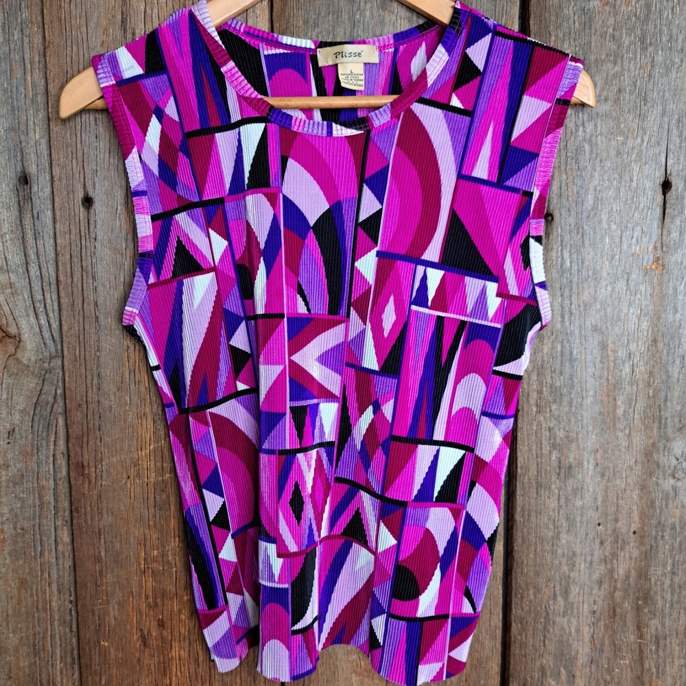 Vintage 1990s Eclectic Retro Geometric Print Plissé Crinkle Tank Top Women Large